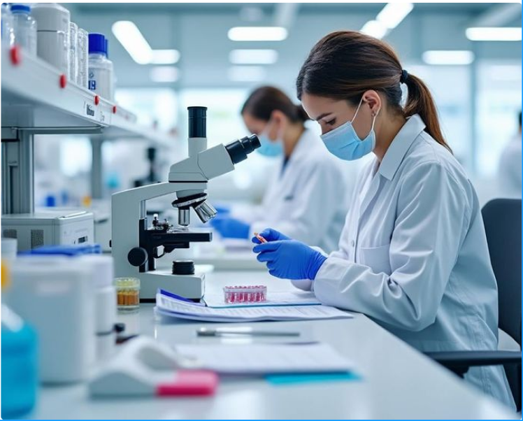 Pathologist analyzing blood samples in laboratory